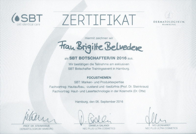 Belvedere Kosmetik Zertifikat SBT
